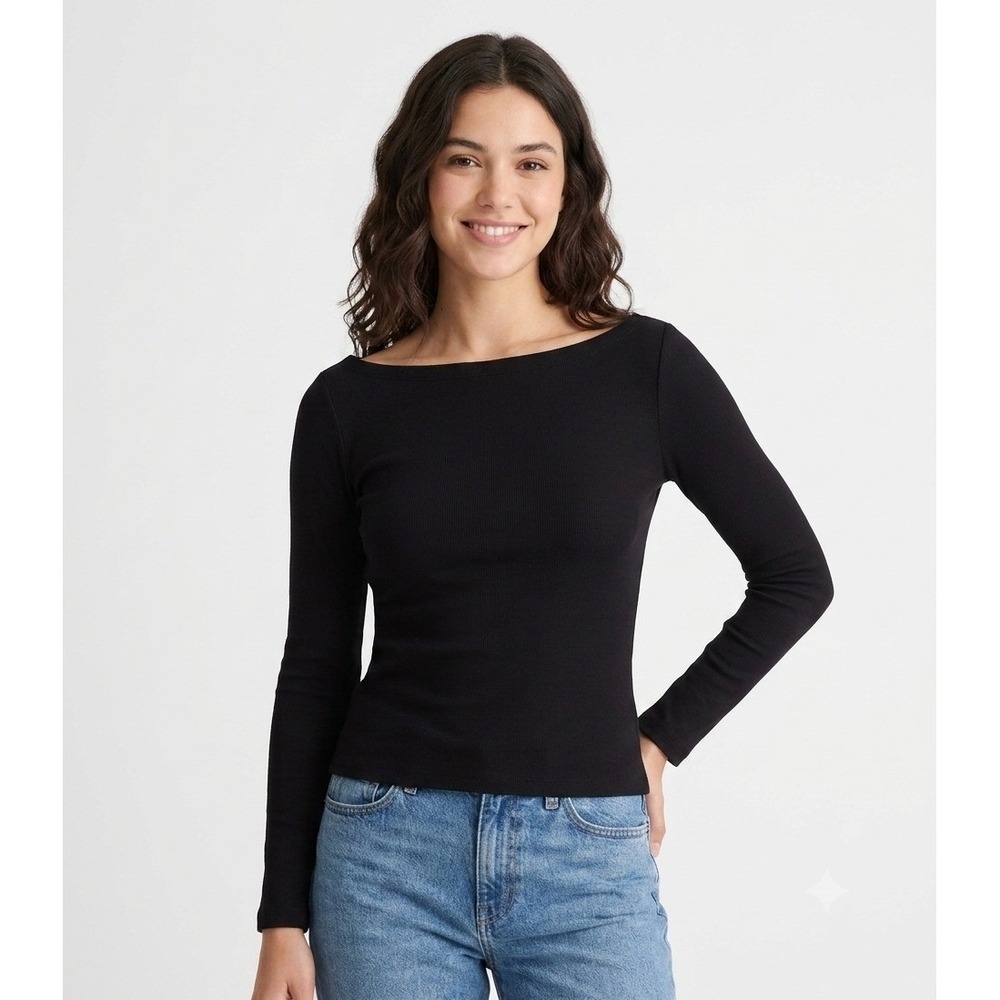 Madewell Top Women Large 90s Boatneck Tee Cotton Jet Black Long Sleeve NZ627